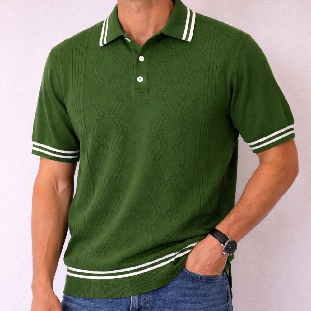 Vintage Retro 60s THE SHOP Green Knit Golf Polo Shirt Size XL Cotton Blend
